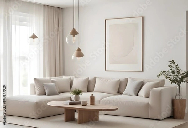 Fototapeta Mockup poster frames on the wall of the dining room. Modern Interior mockup. Apartment background. Modern Japandi interior design. 3D render