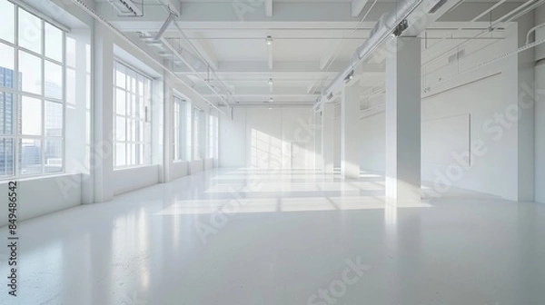 Obraz Modern white interior, empty and bright, natural light enhancing space, suitable for presentations and displays