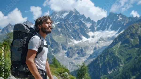 Fototapeta A male hiker with a backpack looks at a mountain during a sunny day, surrounded by lush green vegetation and a clear blue sky with scattered clouds.