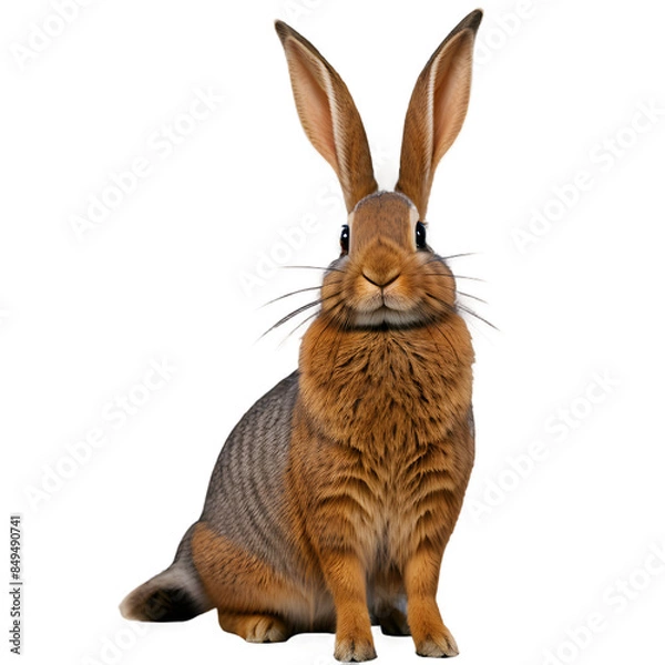 Fototapeta A charming portrait of a rabbit with a mix of brown and gray fur, sitting upright with its large, expressive ears pointed upwards