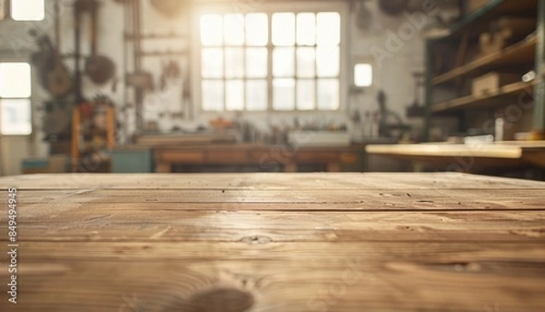Fototapeta Old rustic wooden table with workshop interior as background. blurred image workshop with tools and window
