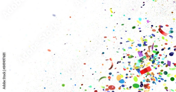 Fototapeta Multicolor confetti abstract background with a lot of falling pieces, isolated on a white background. Festive decorative tinsel element for design