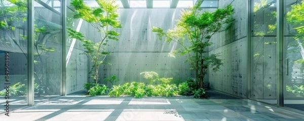 Obraz the entrance hall of a modern office building with a glass window and green plants