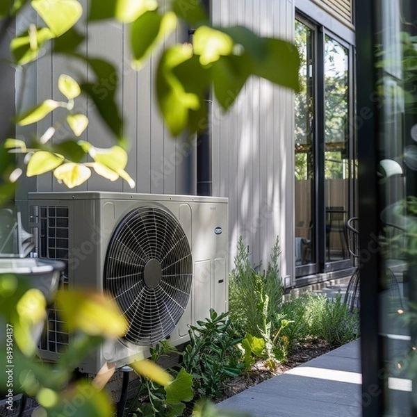 Obraz Close up of heat pump of air conditioner on outdoor of courtyard with green plants in bright day