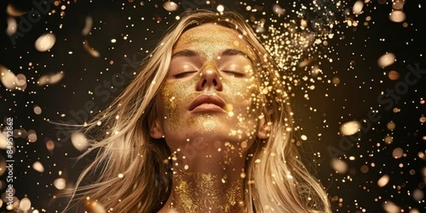 Fototapeta A beautiful blonde woman with her eyes closed covered in golden glitter and gold paint on shiny particle floating in dark background