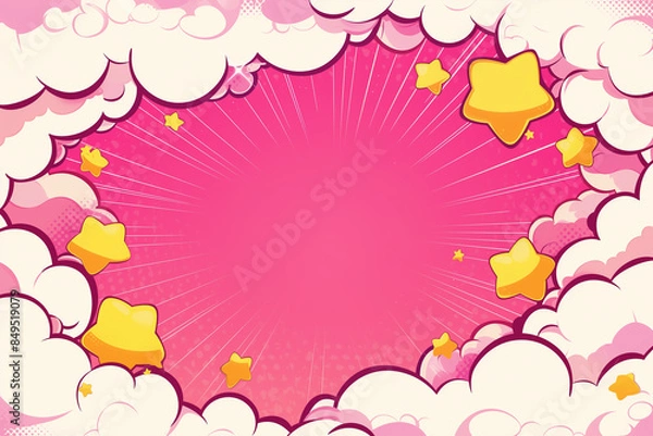 Fototapeta Cute Cartoon Comic Style Background with a Pink and Yellow Starry Sky, Clouds, and Halftone Effects