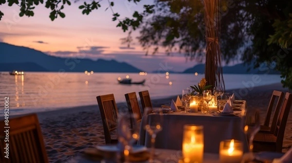 Fototapeta Romantic Beachfront Dinner at Sunset with Candlelit Table Setting and Scenic Ocean View