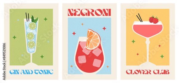 Fototapeta Poster drink set. Cocktail arts. Retro posters with alcohol cocktails. Negroni. Clover Club. Gin and tonic. 90s 80s 70s groovy posters. Modern trendy print. Drink with fruit and ice.