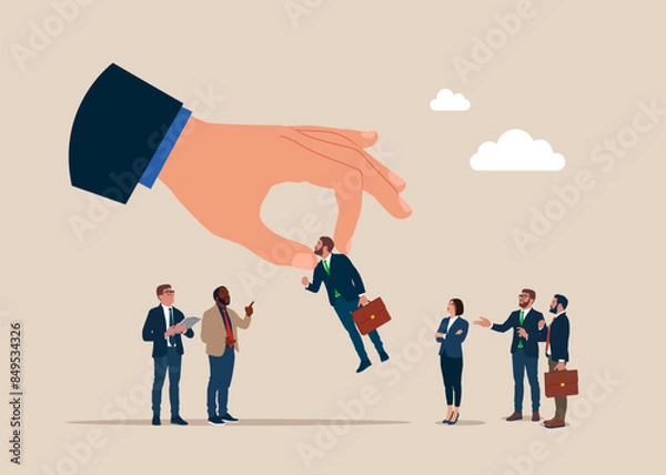 Fototapeta Businessman hand chooses a people standing out from the crowd. Flat vector illustration