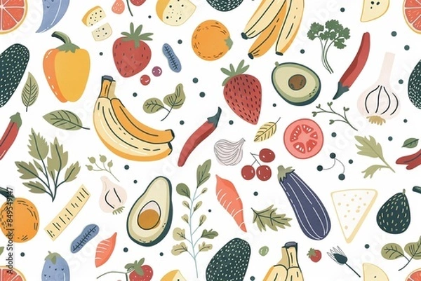 Fototapeta Hand-Drawn Pattern of Fruits, Vegetables, and Cheese. Seamless Food Illustration with Avocados, Peppers, and Bananas