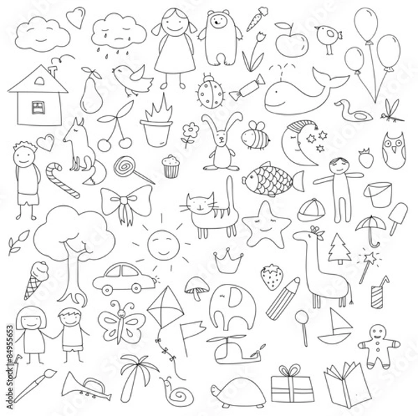 Fototapeta Childhood characters doodle vector set