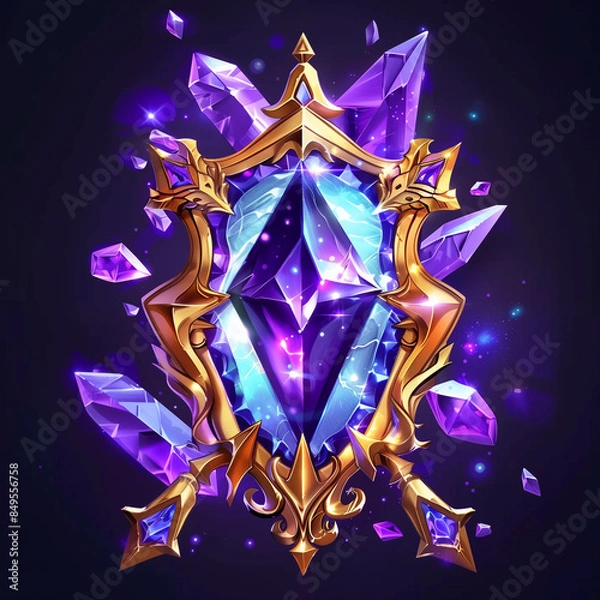 Fototapeta Crystal gem stone clusters with glowing light aura, quartz or crystalline mineral, designed in vector game style
