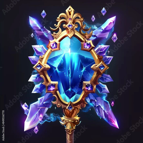 Fototapeta Crystal gem stone clusters with glowing light aura, quartz or crystalline mineral, designed in vector game style