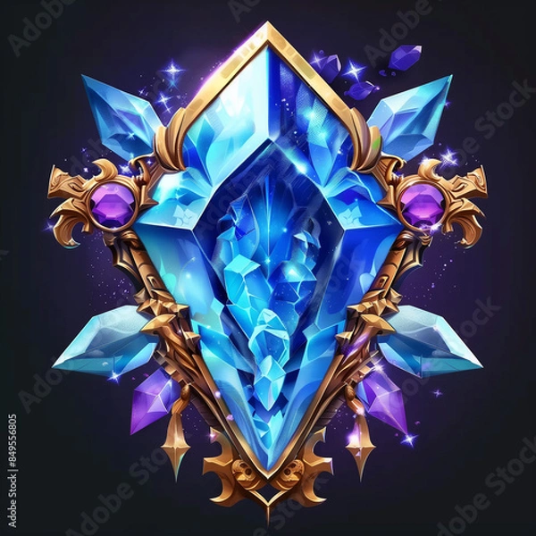 Fototapeta Crystal gem stone clusters with glowing light aura, quartz or crystalline mineral, designed in vector game style