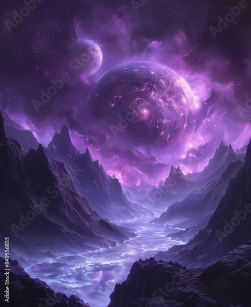 Fototapeta Space background. fantasy landscape, galaxy, unknown planet, neon space galaxy portal.