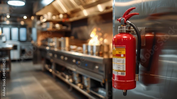 Fototapeta A sleek and modern commercial kitchen with a prominent fire extinguisher in the foreground, ensuring safety amid busy culinary activities.