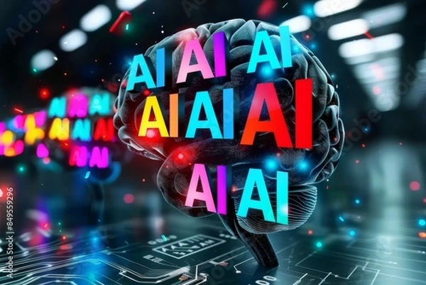 Fototapeta Neon AI logos in motion, reflecting the dynamic and evolving nature of artificial intelligence brands and their impact on technology sectors.