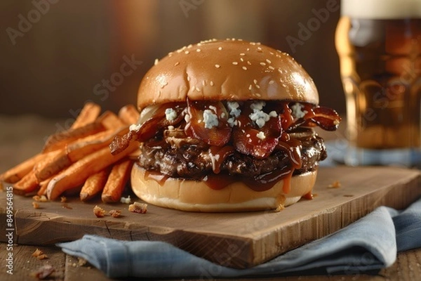 Fototapeta Very tasty and appetizing hamburger, it's so good my mouth watered. Great service in serving and serving, the right combination with the side dishes 