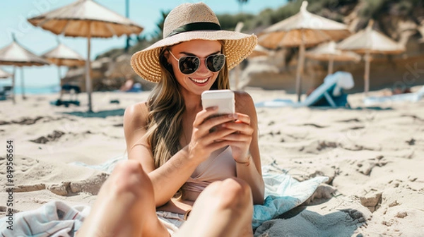 Obraz Young woman using her mobile phone while relaxing at the beach
