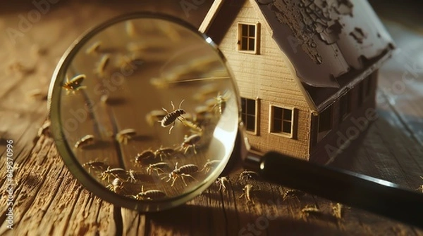 Obraz Close-up of a magnifying glass showing termites near a miniature house, highlighting the concept of pest infestation.