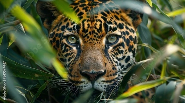 Fototapeta A jaguars face is partially obscured by green foliage, its intense gaze looking directly at the viewer. The jaguars spotted fur and piercing green eyes are visible