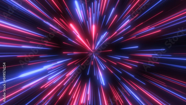 Fototapeta Through space, starfield. Abstract particles, neon rays background.