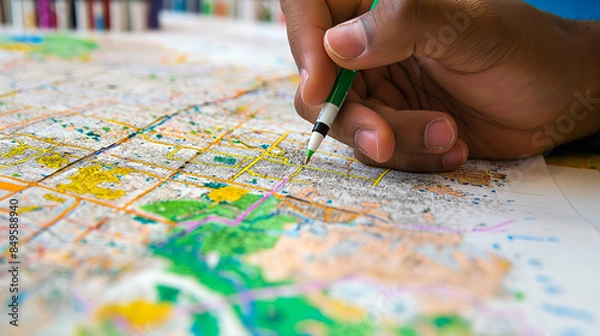 Fototapeta Urban planner analyzing city map and zoning areas with colored markers to strategize future developments.