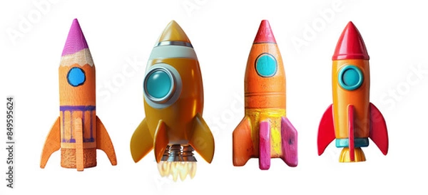 Fototapeta Launch of a red rocket isolated on clear PNG background, made as pen, marker or pencil. Successful school start, back to school concept.