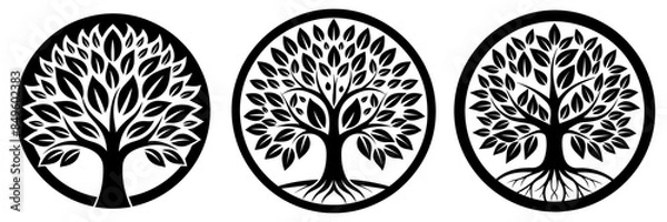 Fototapeta Set tree logo icon template design. Tree of life. Round garden plant natural line symbol. Green branch with leaves business sign. Vector illustration.