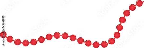 Obraz Red bead necklace isolated white background. Material appears be plastic glass. Spherical beads connected string wire component arranged curved pattern