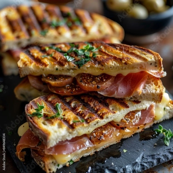 Fototapeta panini sandwich with prosciutto, brie, and fig jam, served on a slate platter with a small side of olives