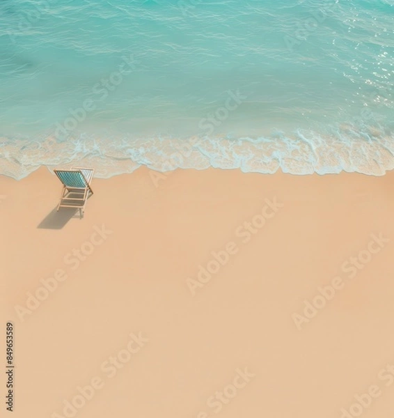 Fototapeta Solitary beach chair on pristine shoreline with gentle waves and clear blue water