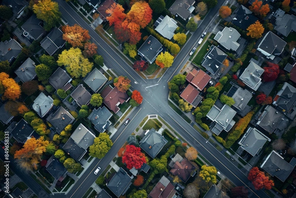 Fototapeta Overhead view of homes and streets in a suburban neighborhood during autumn