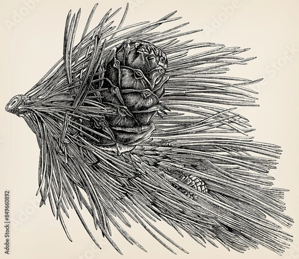 Obraz The evergreen tree - Pinus cembra. Twigs, buds, needles, flowers and fruits. Antique stylized illustration.