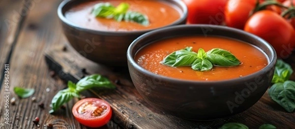 Fototapeta Creamy tomato soup with basil garnish