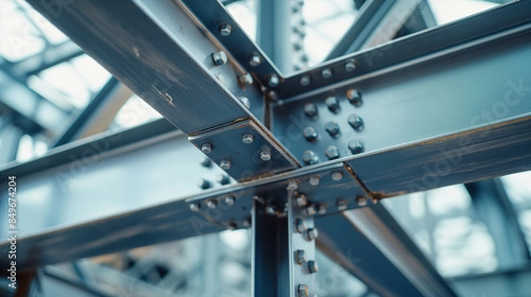 Obraz Close-up of industrial steel framework with bolts, detailed and structural with copy space

