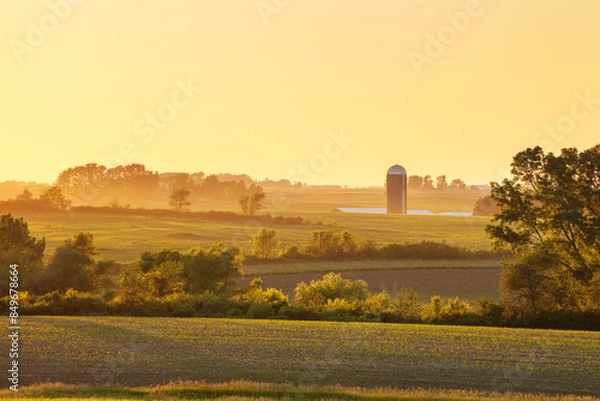 Obraz Farm and fields and trees at sunset in northeastern Iowa during the late spring
