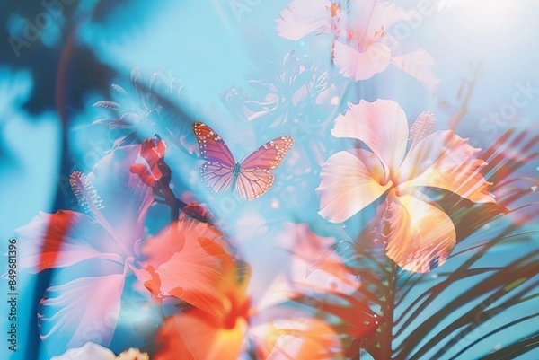 Fototapeta Vibrant double exposure photograph featuring colorful butterflies and tropical flowers in a bright, dreamy atmosphere.