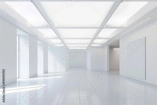 Fototapeta Modern empty gallery space with white walls and floor, illuminated by natural and overhead lighting. Perfect for exhibitions and events.