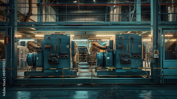 Fototapeta Industrial generator room with two large blue generators for power backup in factory, heavy machinery for electrical systems and engineering, industrial power plant interior