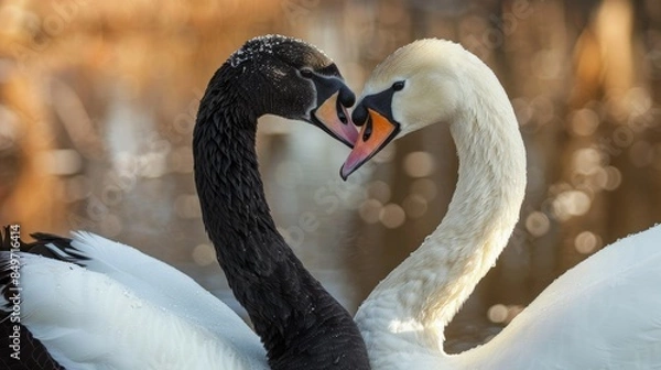 Fototapeta Two swans are standing close to each other, one white and one black, abstract heart romantic love concept
