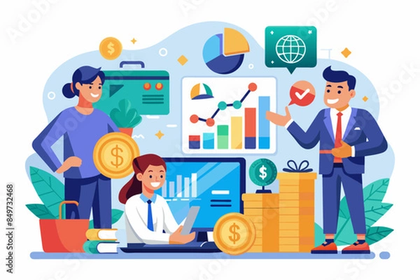 Fototapeta a group of people are working on a laptop, financial advisory service providing expert guidance on investment strategies and wealth management