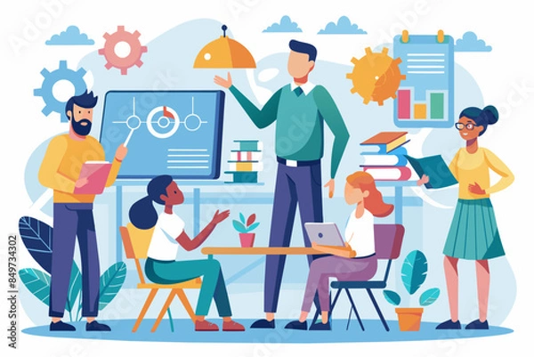 Fototapeta a group of people sitting around a table with laptops, professional development workshop series for educators to enhance teaching skills and strategies