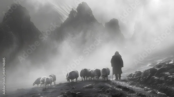 Fototapeta Magical Journey with a Shepherd and Sheep in Misty Mountains