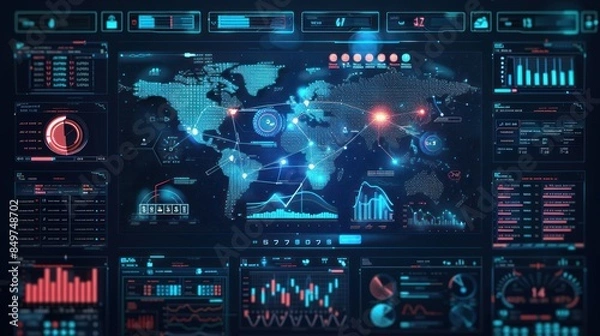 Obraz Futuristic Digital Interface with World Map and Data