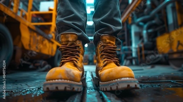 Fototapeta Worker with safety boots in an industrial environment