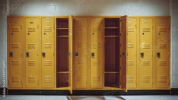 Fototapeta A row of yellow school lockers with some open doors, revealing empty compartments inside, set against a white tiled wall.school-related content