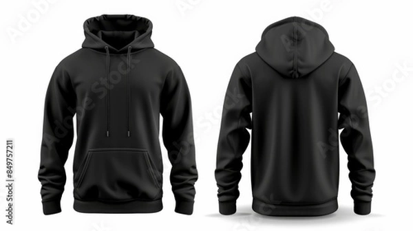 Obraz Realistic mockup of a black hoodie presented in both front and back views on a white background