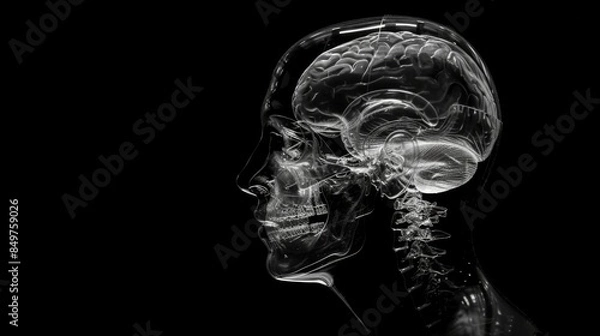 Obraz A transparent silhouette of a human head with a visible brain structure on a black background