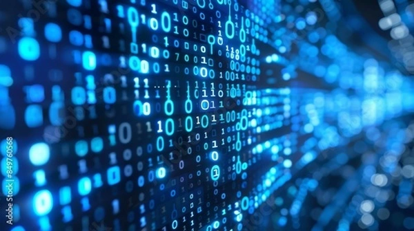 Fototapeta A close-up image of binary code in glowing blue representing data, cybersecurity, or information technology